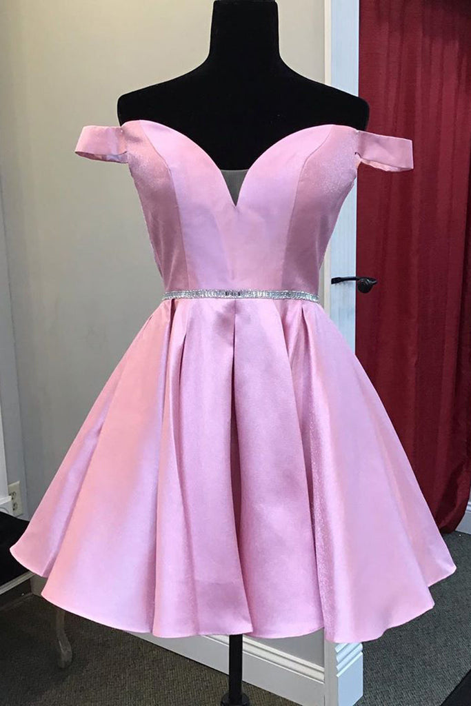 Cute Off Shoulder Pink Satin Short Prom Dresses, Off the Shoulder Pink ...