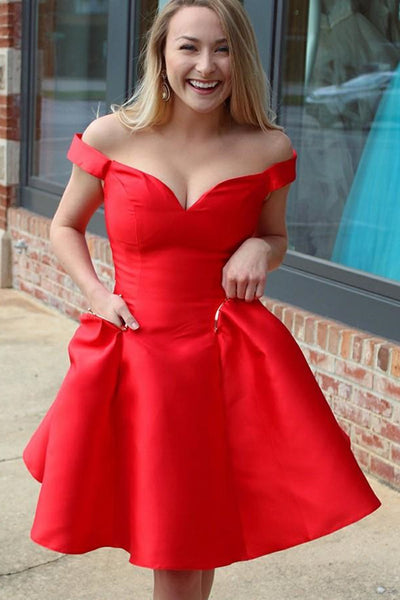 Cute Off Shoulder Red Satin Short Prom Dresses, Off the Shoulder Red Homecoming Dresses, Red Formal Graduation Evening Dress EP1620