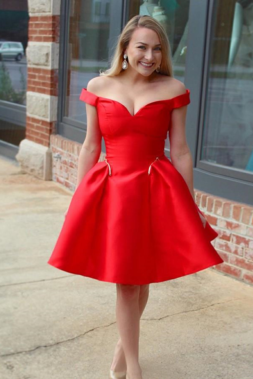 Cute Off Shoulder Red Satin Short Prom Dresses, Off the Shoulder Red H Eip Collection Cute Off Shoulder Red Satin Short Prom Dresses, Off the Shoulder Red H Eip Collection