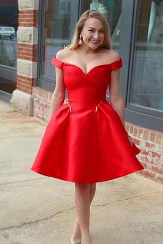 Cute Off Shoulder Red Satin Short Prom Dresses, Off the Shoulder Red Homecoming Dresses, Red Formal Graduation Evening Dress EP1620