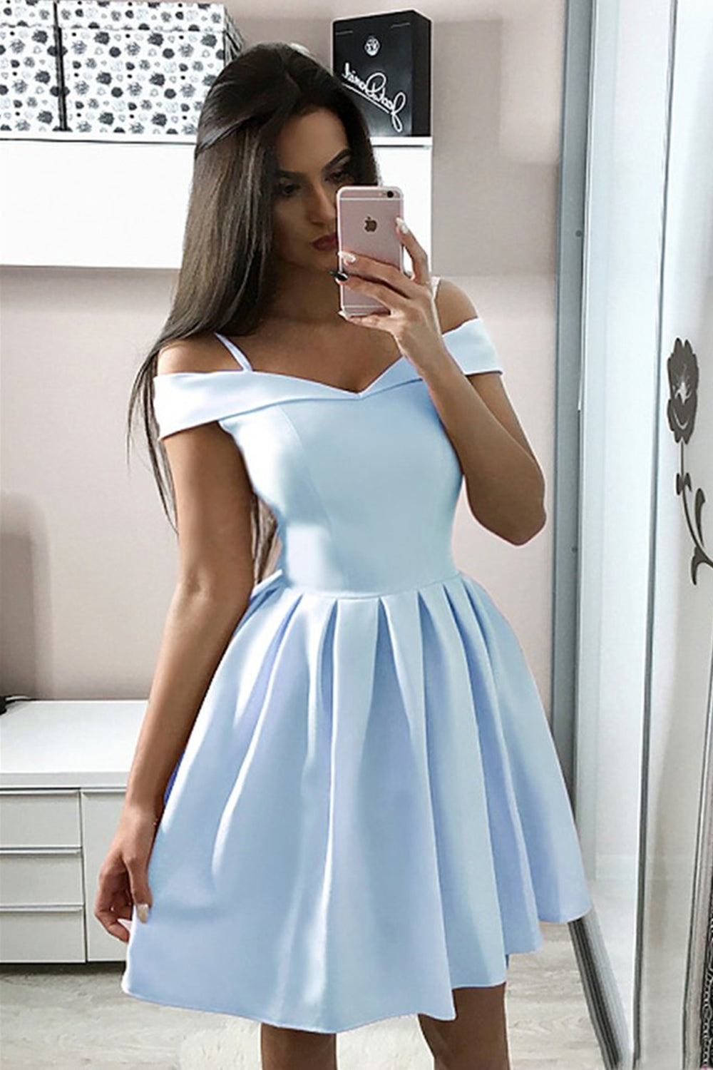 Cute Off Shoulder Short Light Blue/Navy Blue Prom Dresses, Short Blue Homecoming Dresses, Off the Shoulder Blue Formal Evening Dresses