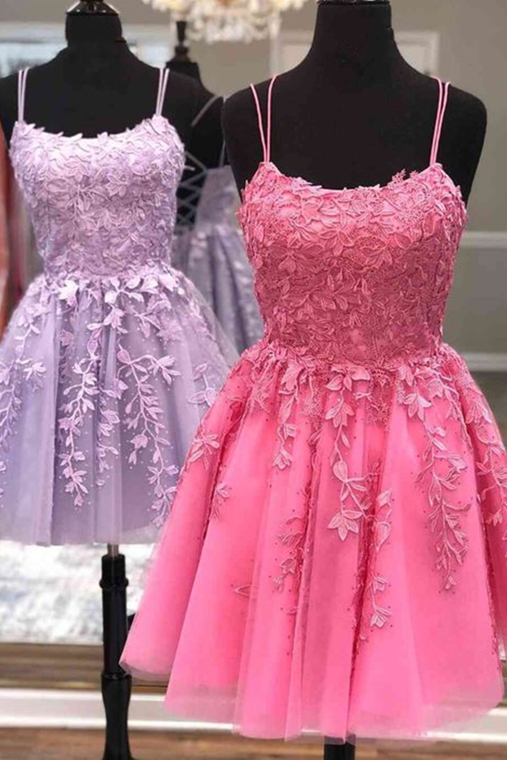 Cute Scoop Neck Purple Pink Lace Prom Homecoming Dresses, Short Purple Pink Lace Formal Evening Dresses