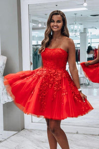 Cute Strapless Red Lace Short Prom Dresses, Red Lace Homecoming Dresses, Red Formal Evening Dresses EP1608
