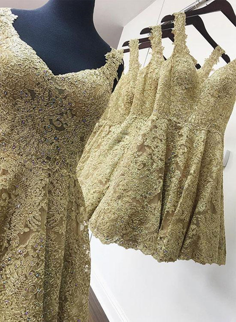 Cute V Neck Golden Lace Short Prom Dresses, Golden Lace Homecoming Dre –  Eip Collection