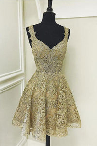 Cute V Neck Golden Lace Short Prom Dresses, Golden Lace Homecoming Dresses, Golden Formal Evening Dresses EP1379