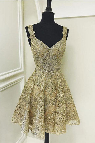 Cute V Neck Golden Lace Short Prom Dresses, Golden Lace Homecoming Dresses, Golden Formal Evening Dresses EP1379