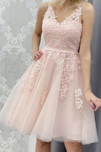 Cute V Neck Pink Lace Short Prom Dresses, Pink Lace Homecoming Dresses, Short Pink Formal Evening Dresses EP1427