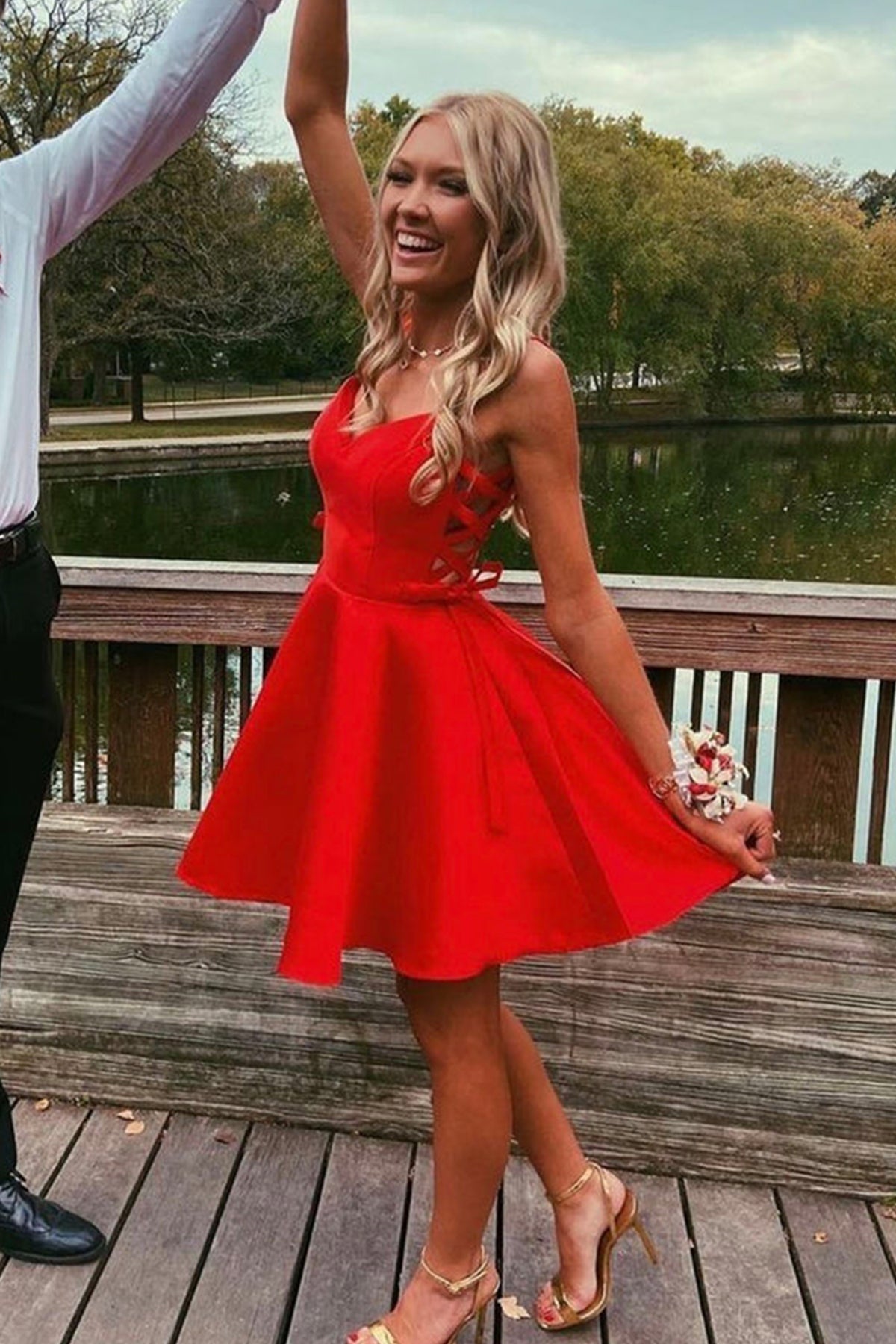 Cute V Neck Red Satin Short Prom Dresses, V Neck Red Homecoming Dresse –  Eip Collection