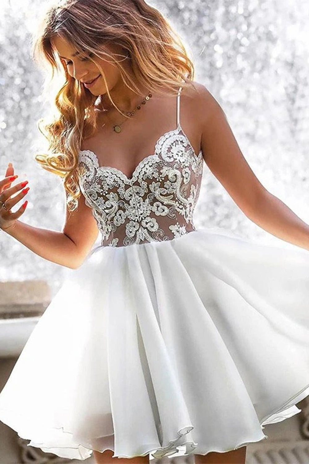 Cute V Neck Short White Lace Prom Dresses, Short White Lace Homecoming Dresses, White Formal Evening Dresses Cute V Neck Short White Lace Prom Dresses, Short White Lace Homecoming Dresses, White Formal Evening Dresses
