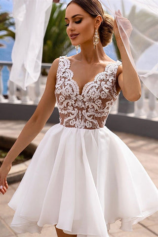 Cute V Neck White Lace Short Prom Dresses, White Lace Homecoming Dresses, Short White Formal Evening Dresses EP1333