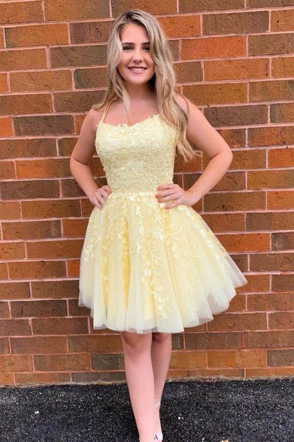 Cute Yellow Lace Short Prom Homecoming Dresses, Yellow Lace Formal Graduation Evening Dresses EP1433