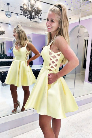 Cute Yellow Satin Short Prom Dresses, Yellow Homecoming Dresses, Short Yellow Formal Evening Dresses EP1335