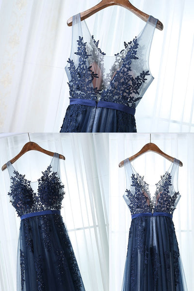Dark Navy Blue Lace Prom Dresses, Dark Navy Blue Lace Formal Bridesmaid Dresses