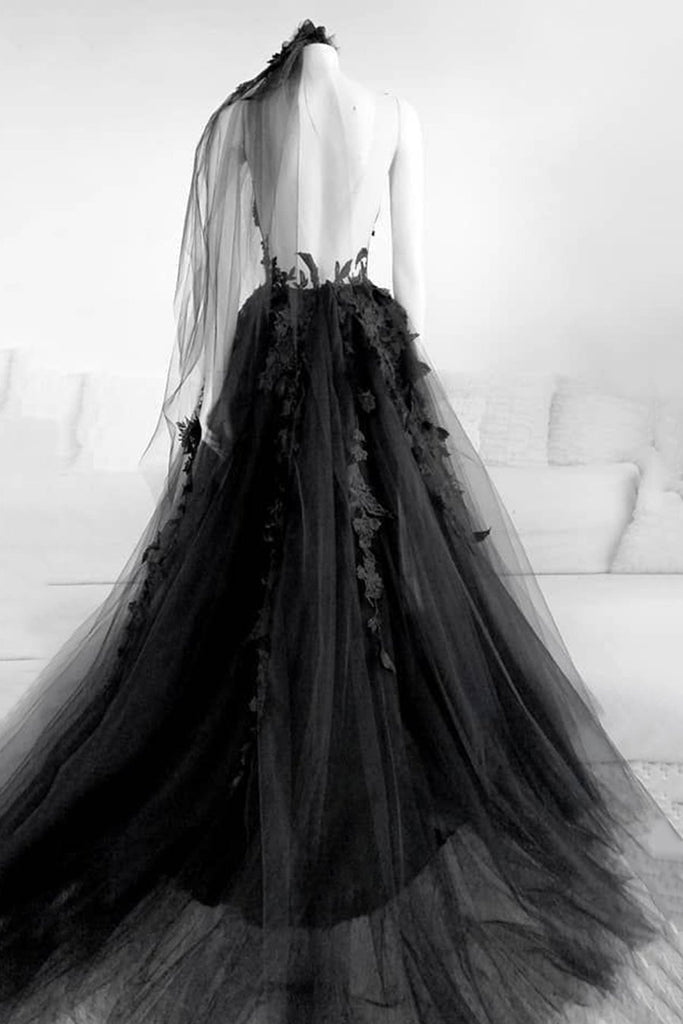 Deep V Neck Backless Black Lace Appliques Long Prom Dress, Black Lace Eip Collection Deep V Neck Backless Black Lace Appliques Long Prom Dress, Black Lace Eip Collection