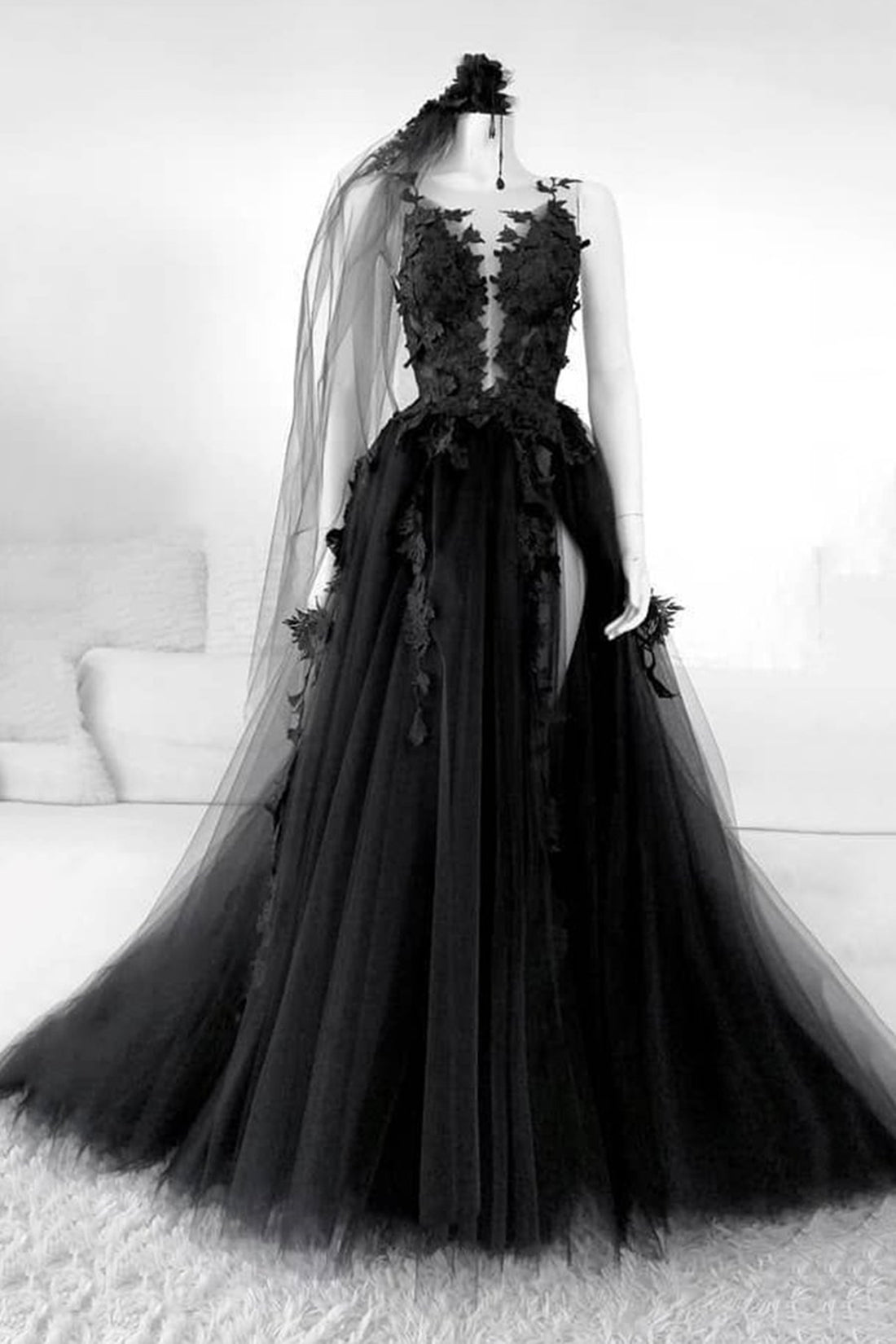 Deep V Neck Backless Black Lace Appliques Long Prom Dress, Black Lace Formal Dress, Black Evening Dress with High Slit