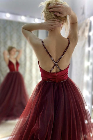 Deep V Neck Backless Burgundy Tulle Long Prom Dress with Beading, Open Back Burgundy Formal Dress, Burgundy Evening Dress