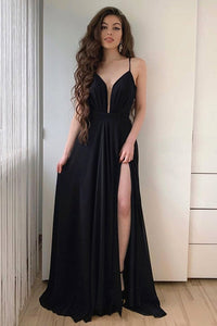 Deep V Neck Black Long Prom Dresses with High Slit, V Neck Black Forma Eip Collection Deep V Neck Black Long Prom Dresses with High Slit, V Neck Black Forma Eip Collection