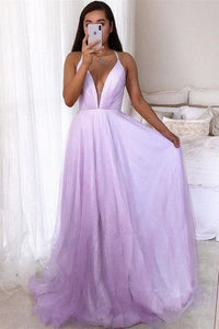 Deep V Neck Lilac Long Prom Dresses, Long Lilac Formal Graduation Evening Dresses EP1407