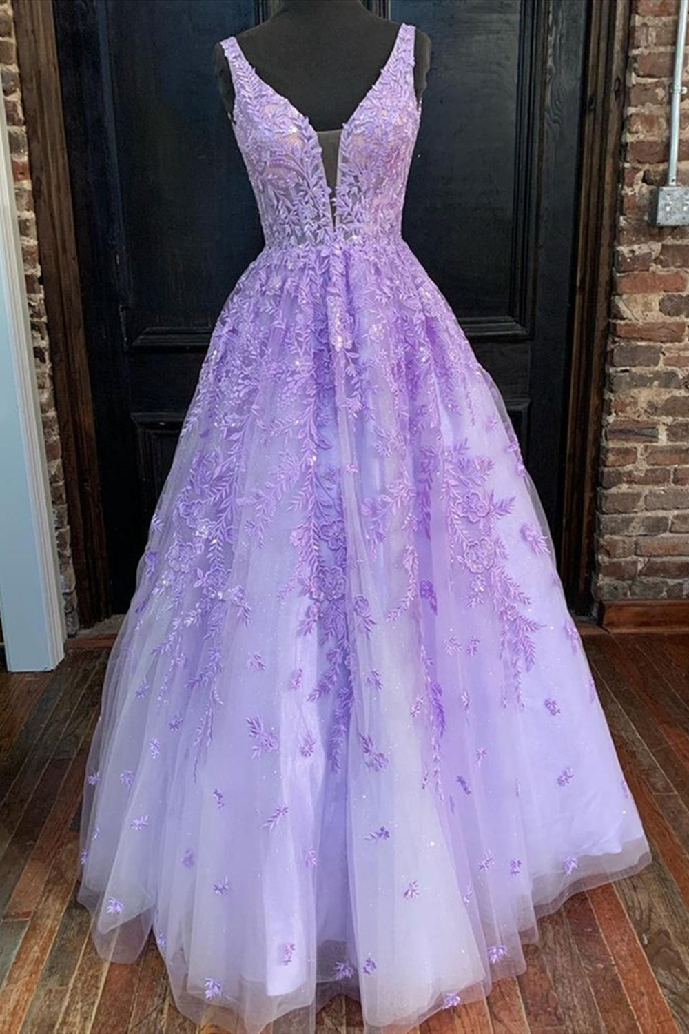 Deep V Neck Purple Lace Long Prom Dresses, Purple Lace Formal Dresses, Eip Collection Deep V Neck Purple Lace Long Prom Dresses, Purple Lace Formal Dresses, Eip Collection