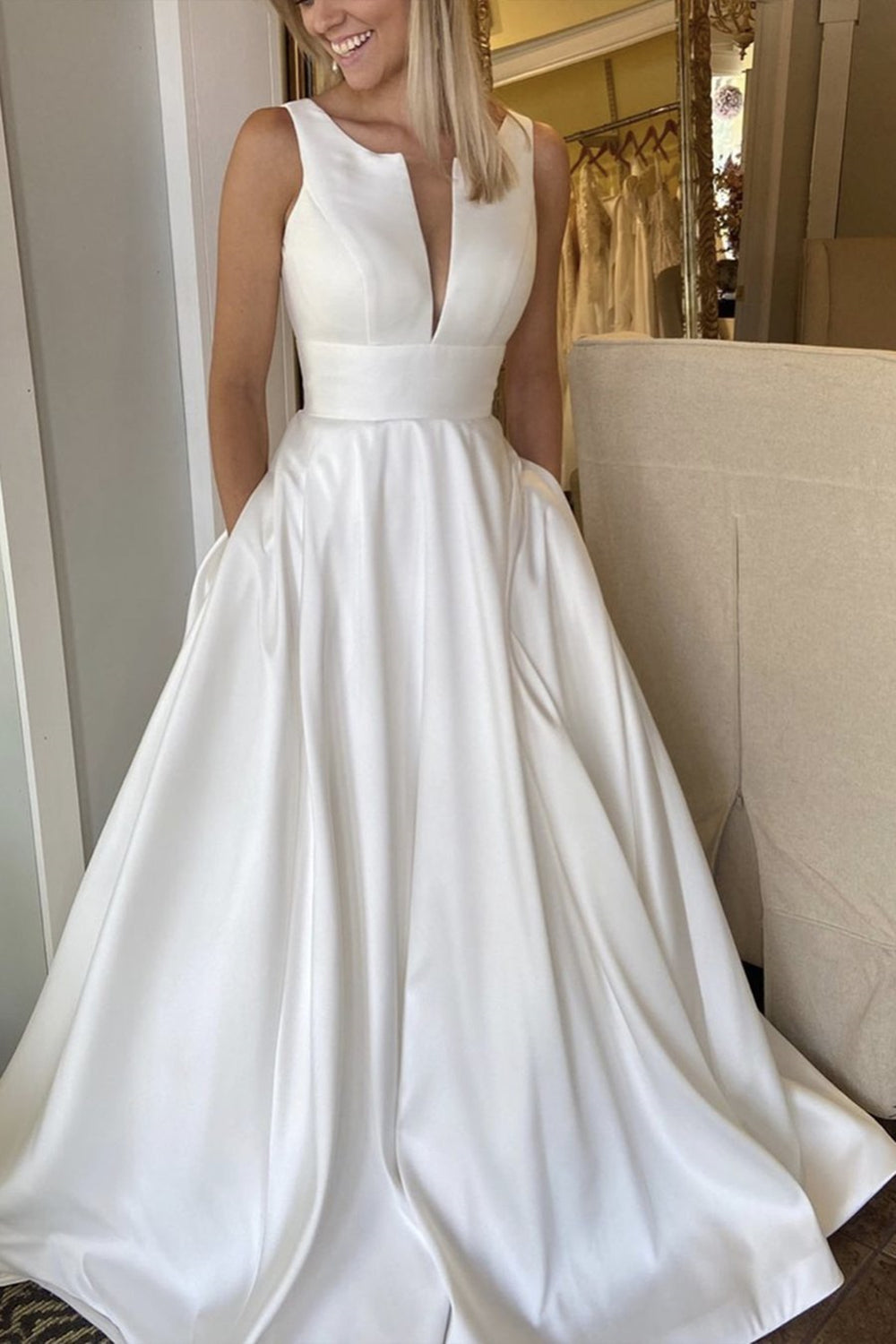 Deep V Neck White Satin Long Prom Dresses with Pocket, V Neck White Fo Eip Collection Deep V Neck White Satin Long Prom Dresses with Pocket, V Neck White Fo Eip Collection