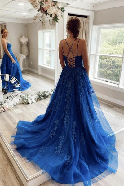 Elegant A Line Backless Blue Lace Long Prom Dresses, Blue Lace Formal Dresses, Blue Evening Dresses EP1615