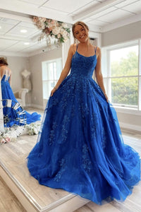 Elegant A Line Backless Blue Lace Long Prom Dresses, Blue Lace Formal Dresses, Blue Evening Dresses EP1615