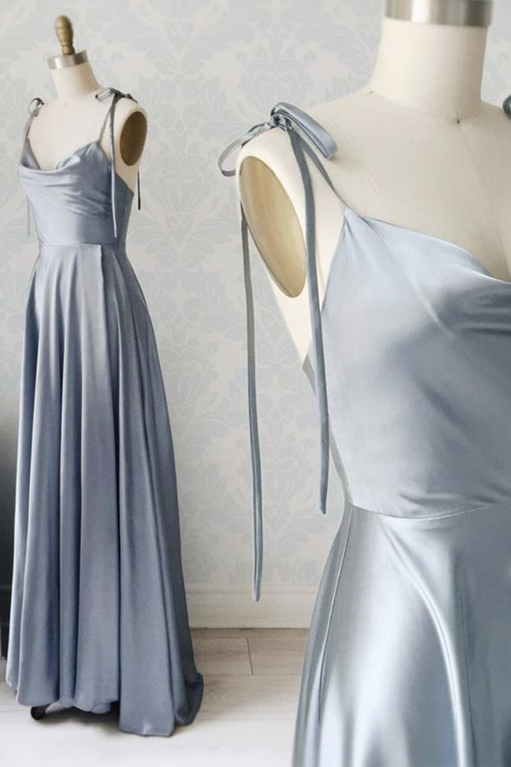 Elegant A Line Gray Satin Long Prom Dresses, Gray Formal Graduation Evening Dresses EP1410