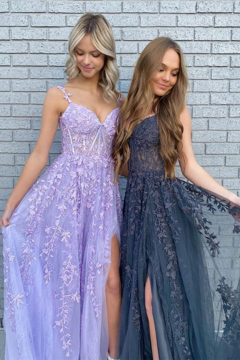 Elegant A Line V Neck Purple/Black Tulle Lace Long Prom Dresses, Purpl