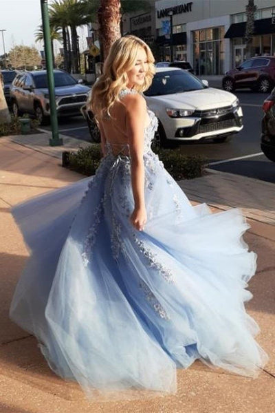 Elegant Backless Light Blue Lace Floral Long Prom Dresses, 3D Flowers Eip Collection Elegant Backless Light Blue Lace Floral Long Prom Dresses, 3D Flowers Eip Collection