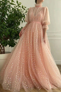 Elegant Half Sleeves High Neck Pink Long Prom Dresses, Half Sleeves Pink Formal Graduation Evening Dresses EP1874