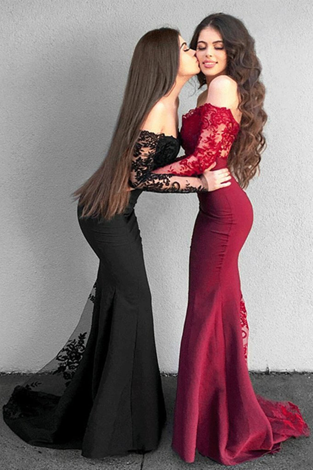 Elegant Long Sleeves Black/Burgundy Lace Long Prom Dresses, Lace Bride Eip Collection Elegant Long Sleeves Black/Burgundy Lace Long Prom Dresses, Lace Bride Eip Collection