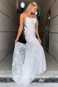 Elegant Mermaid Backless White Lace Long Prom Dresses, Mermaid White Formal Dresses, White Lace Evening Dresses EP1581