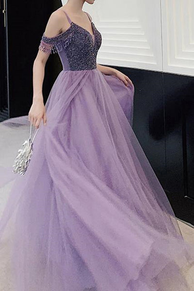 Elegant Off Shoulder Beaded Purple Tulle Long Prom Dresses, Off the Shoulder Purple Formal Evening Dresses EP1826