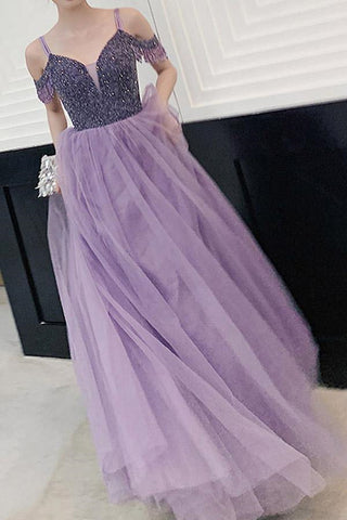 Elegant Off Shoulder Beaded Purple Tulle Long Prom Dresses, Off the Shoulder Purple Formal Evening Dresses EP1826