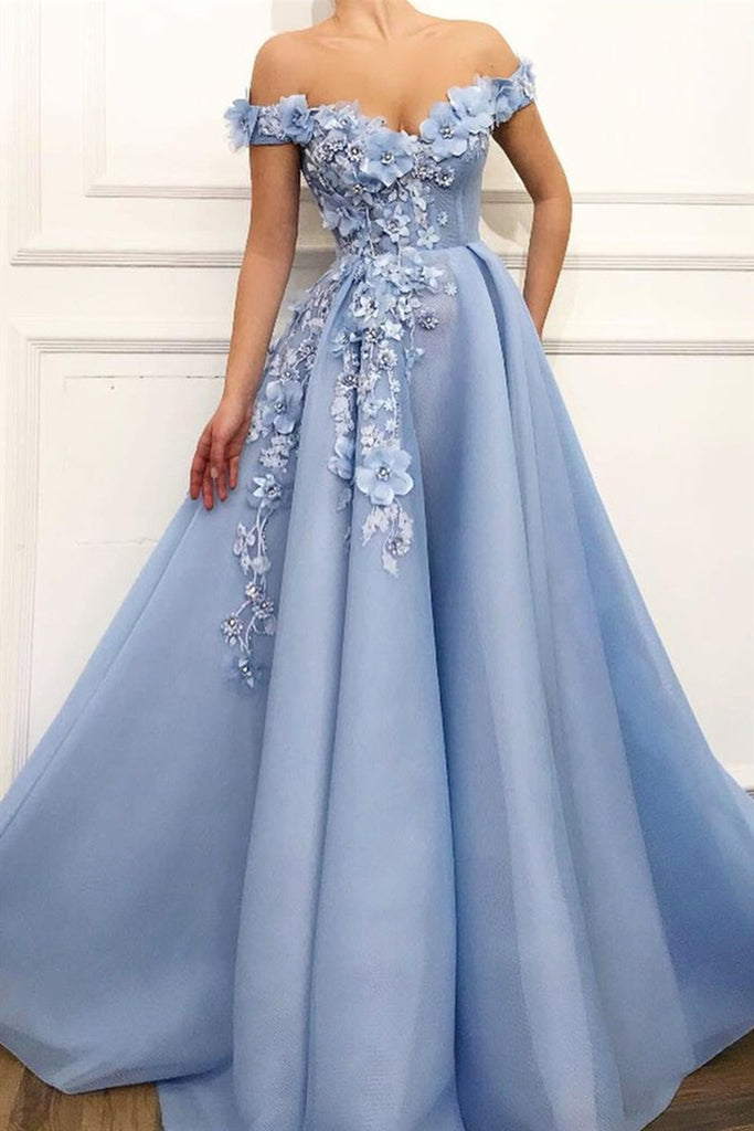 Elegant Off Shoulder Blue Lace Floral Long Prom Dresses, Off the Shoul Eip Collection Elegant Off Shoulder Blue Lace Floral Long Prom Dresses, Off the Shoul Eip Collection