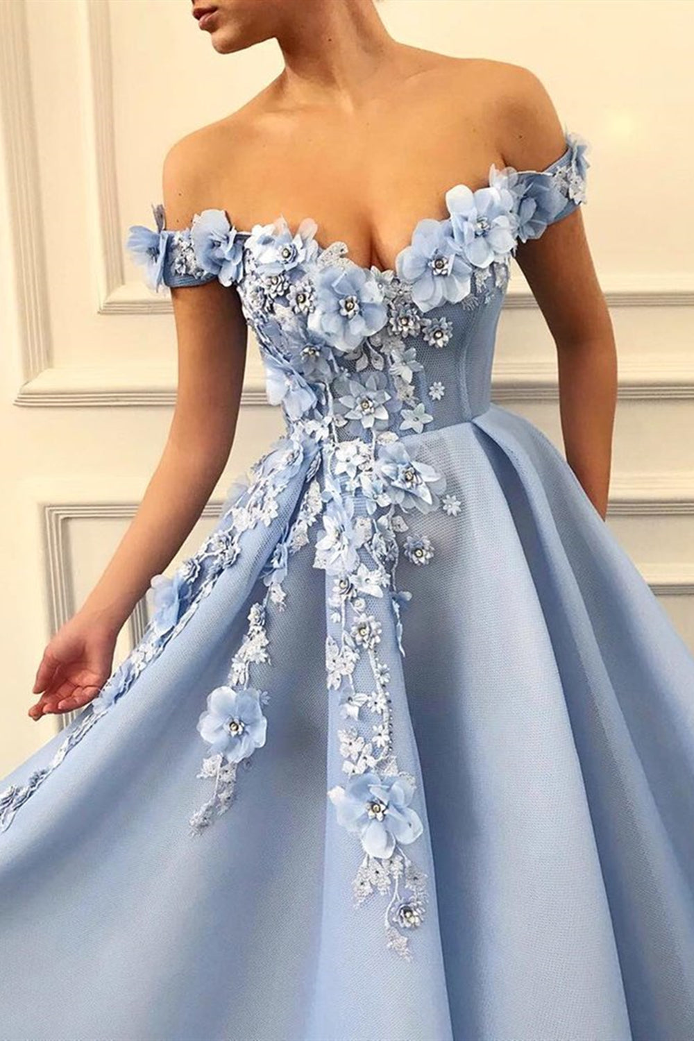 Elegant Off Shoulder Blue Lace Floral Long Prom Dresses, Off the Shoulder 3D Flowers Blue Formal Evening Dresses