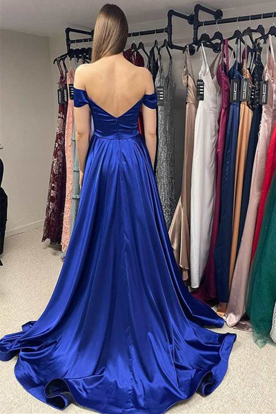 Elegant Off Shoulder Mermaid Royal Blue Satin Long Prom Dresses with High Slit, Mermaid Royal Blue Formal Graduation Evening Dresses EP1797