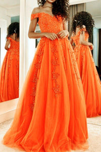 Elegant Off Shoulder Orange Lace Long Prom Dresses, Orange Lace Formal Dresses, Orange Evening Dresses EP1624