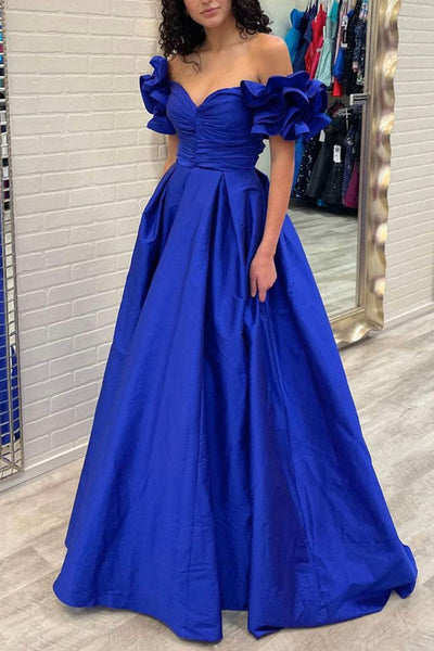 Elegant Off Shoulder Royal Blue Satin Long Prom Dresses Off the Shoul Eip Collection