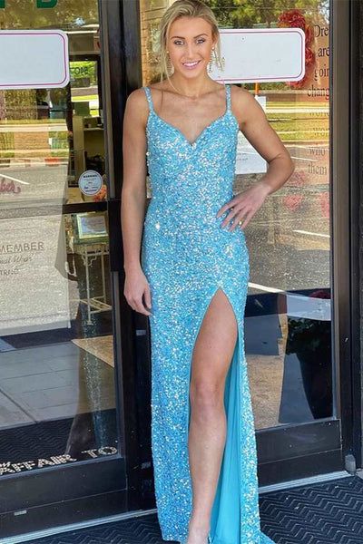 Elegant Shiny Blue Sequins V Neck Long Prom Dresses with High Slit, Blue Sequins Formal Graduation Evening Dresses EP1860
