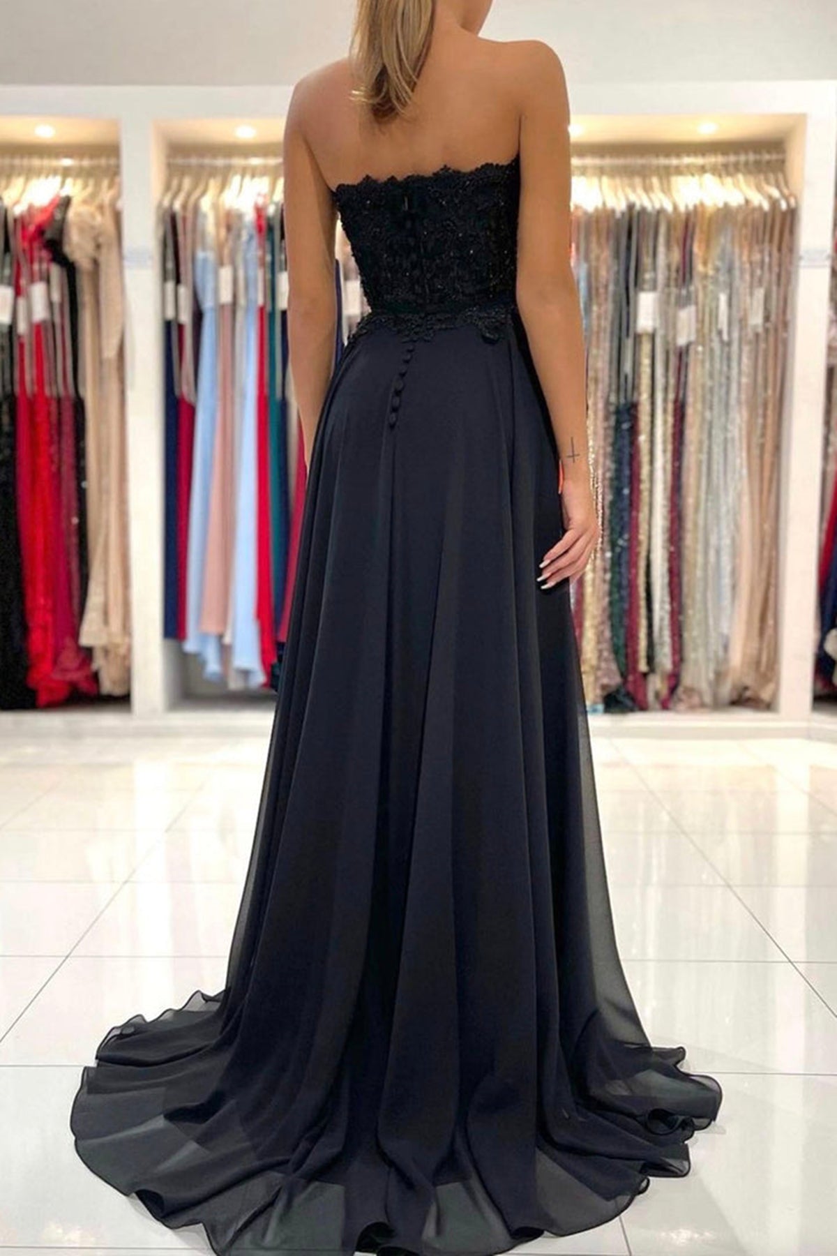 Elegant Sweetheart Neck Black Lace Long Prom Dresses, Strapless Black Eip Collection Elegant Sweetheart Neck Black Lace Long Prom Dresses, Strapless Black Eip Collection