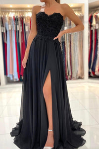 Elegant Sweetheart Neck Black Lace Long Prom Dresses, Strapless Black Lace Formal Dresses, Black Evening Dresses with High Slit EP1735