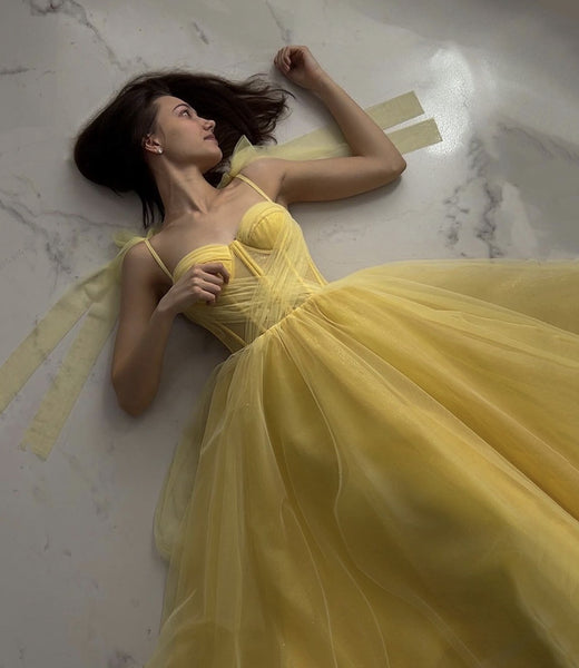 Elegant Sweetheart Neck Yellow Tulle Long Prom Dresses, Yellow Tulle Formal Graduation Evening Dresses EP1776