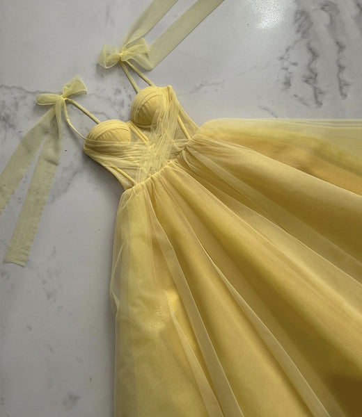 Elegant Sweetheart Neck Yellow Tulle Long Prom Dresses, Yellow Tulle Formal Graduation Evening Dresses EP1776