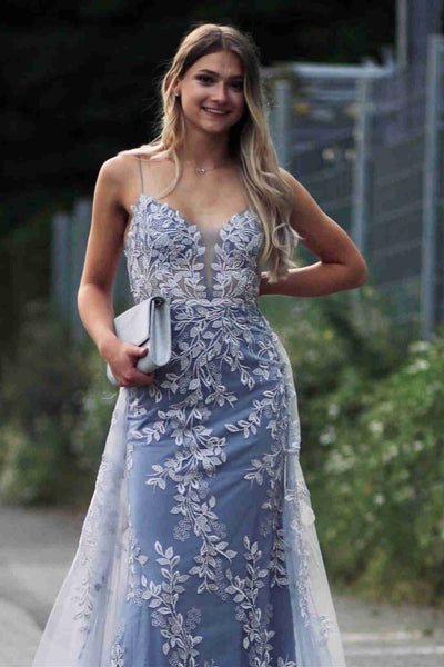 Elegant V Neck Backless Mermaid Blue Long Prom Dresses with Lace Appliques, Mermaid Blue Lace Formal Evening Dresses EP1879