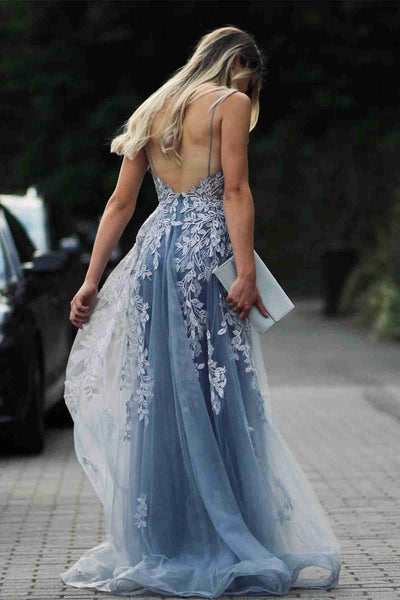 Elegant V Neck Backless Mermaid Blue Long Prom Dresses with Lace Appliques, Mermaid Blue Lace Formal Evening Dresses EP1879