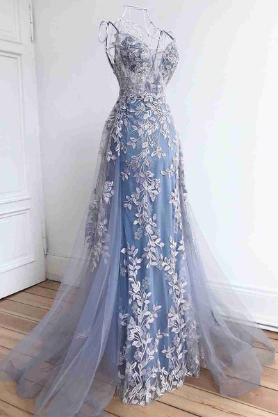 Elegant V Neck Backless Mermaid Blue Long Prom Dresses with Lace Appliques, Mermaid Blue Lace Formal Evening Dresses EP1879