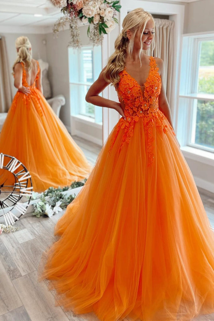 Elegant V Neck Beaded Orange Tulle Long Prom Dresses with Lace Appliqu Eip Collection Elegant V Neck Beaded Orange Tulle Long Prom Dresses with Lace Appliqu Eip Collection