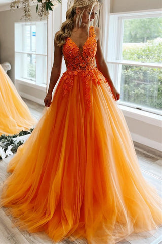 Elegant V Neck Beaded Orange Tulle Long Prom Dresses with Lace Appliques, Orange Lace Formal Graduation Evening Dresses EP1875