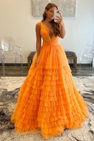 Elegant V Neck Layered Orange Tulle Long Prom Dresses, V Neck Orange Formal Graduation Evening Dresses EP1648
